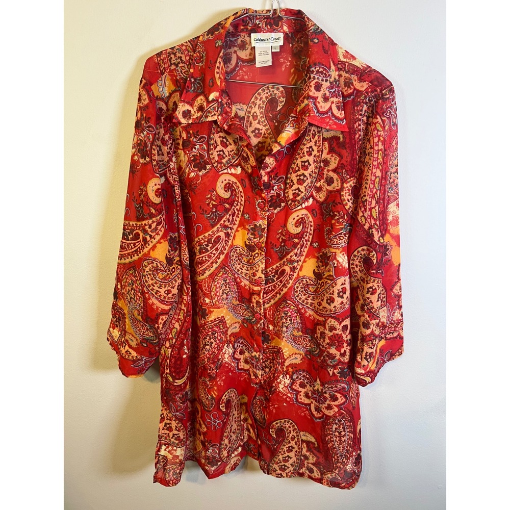 Coldwater‎ Creek Womens Shirt Sheer Paisley Red Size L